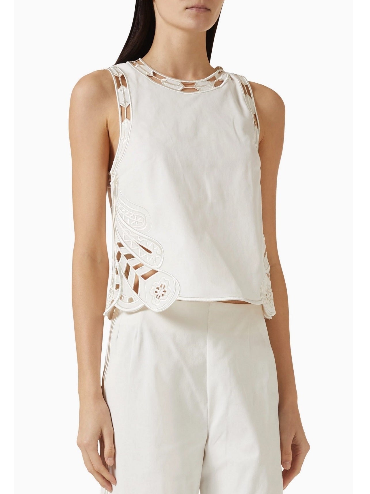 Broderie Anglaise Cropped White Tank and Pant Set - Suits & Sets