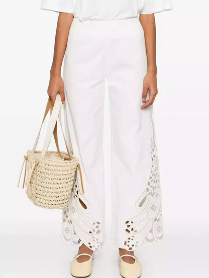 Broderie Anglaise Cropped White Tank and Pant Set - Suits & Sets