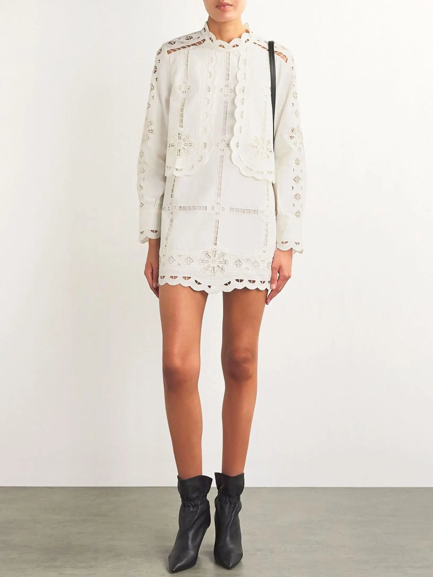 Broderie Anglaise Eyelet Long-Sleeve Mini Dress - Dresses