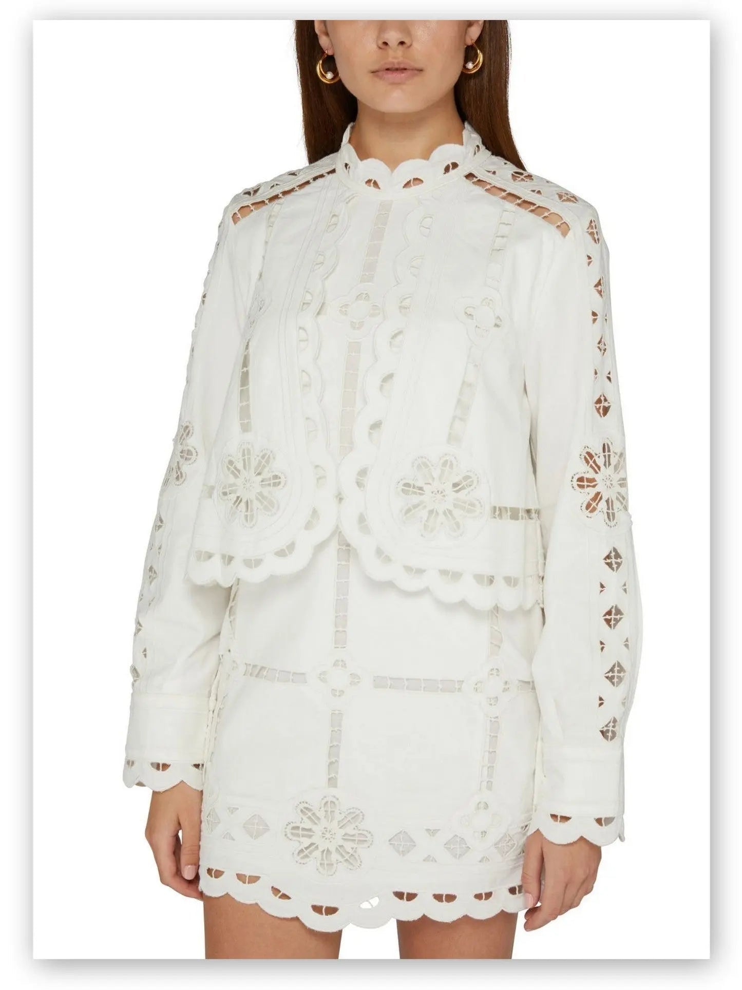 Broderie Anglaise Eyelet Long-Sleeve Mini Dress - Dresses