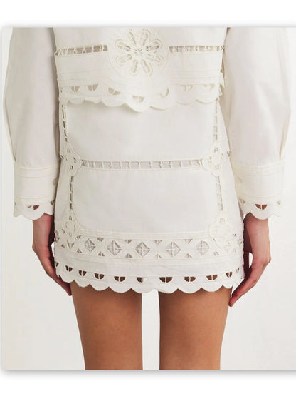 Broderie Anglaise Eyelet Long-Sleeve Mini Dress - Dresses