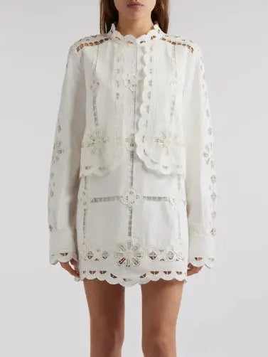 Broderie Anglaise Eyelet Long-Sleeve Mini Dress - Dresses