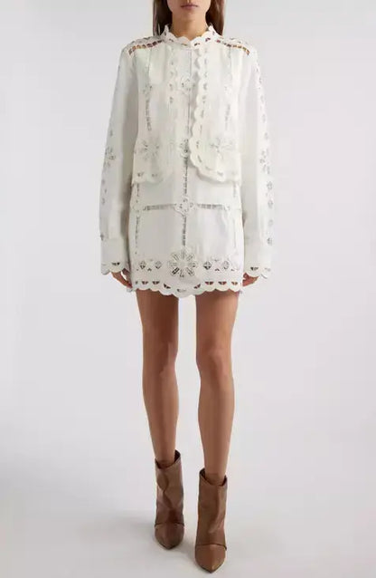 Broderie Anglaise Eyelet Long-Sleeve Mini Dress - Dresses