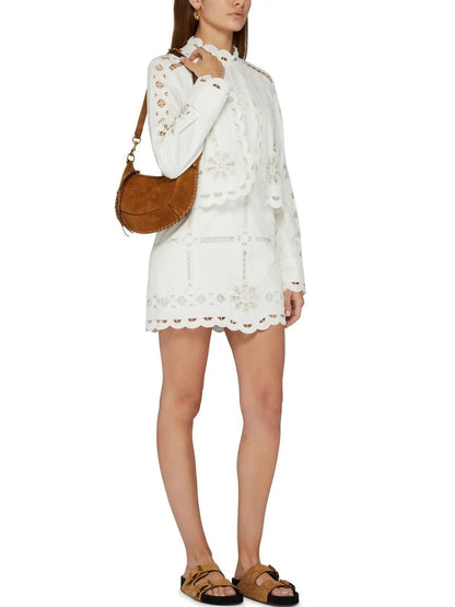 Broderie Anglaise Eyelet Long-Sleeve Mini Dress - Dresses