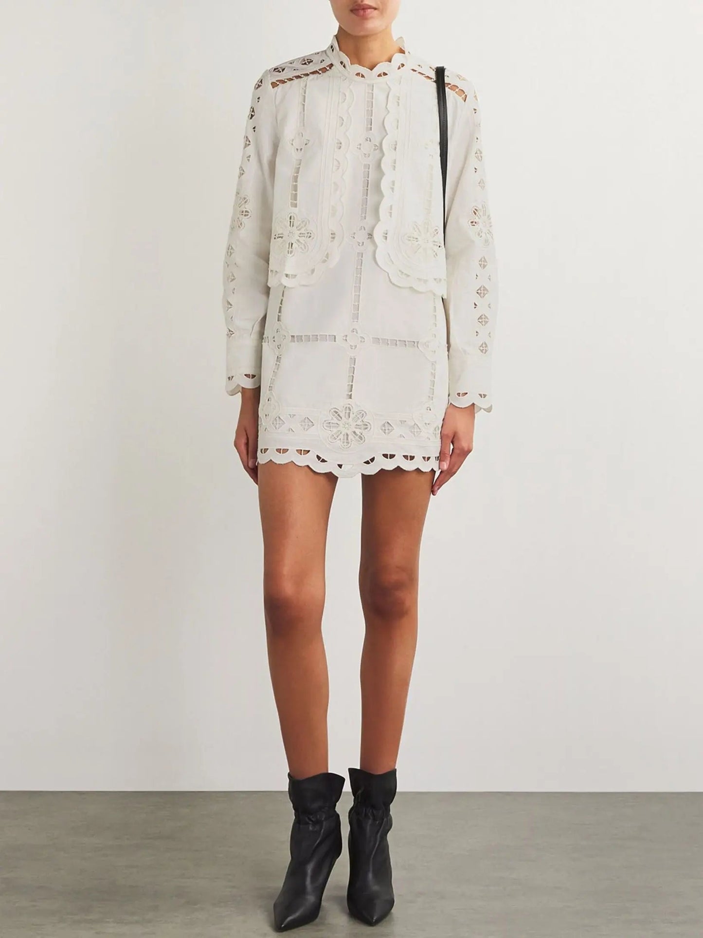 Broderie Anglaise Eyelet Long-Sleeve Mini Dress - Dresses