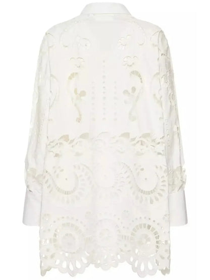 Broderie Cotton Lace Oversize White Shirt - Tops