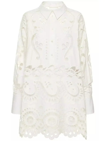 Broderie Cotton Lace Oversize White Shirt - Tops