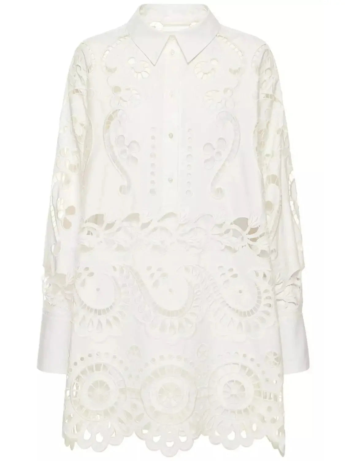 Broderie Cotton Lace Oversize White Shirt - Tops