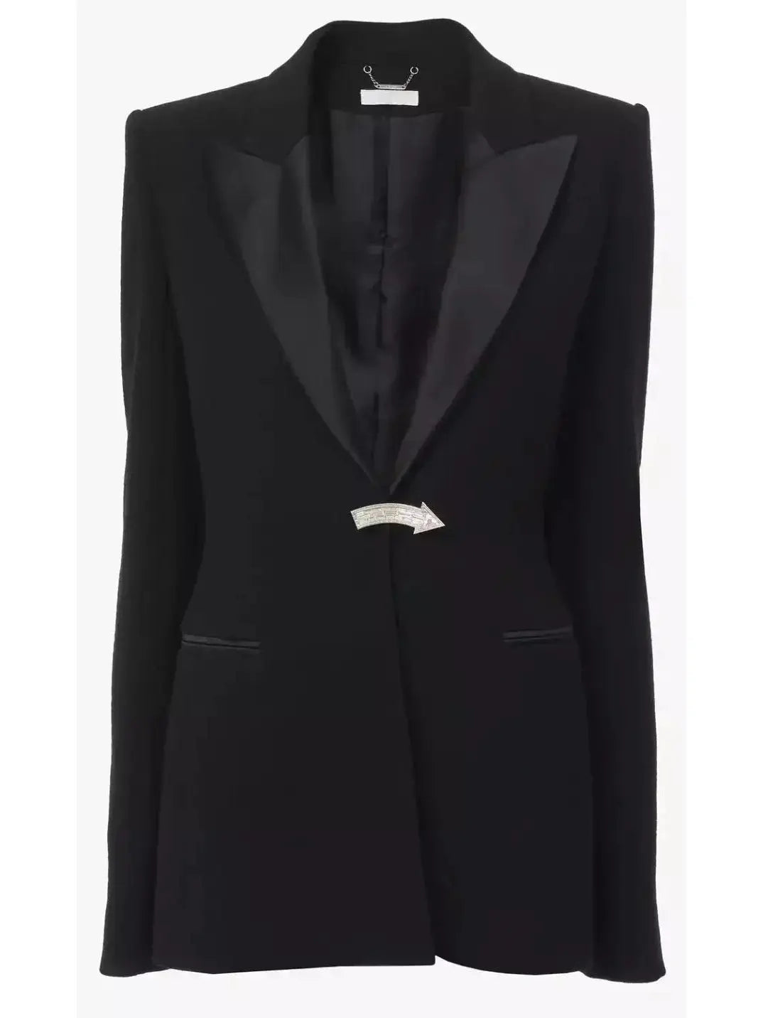 Brooch-Detail Embellished Black Tuxedo Jacket - Jackets