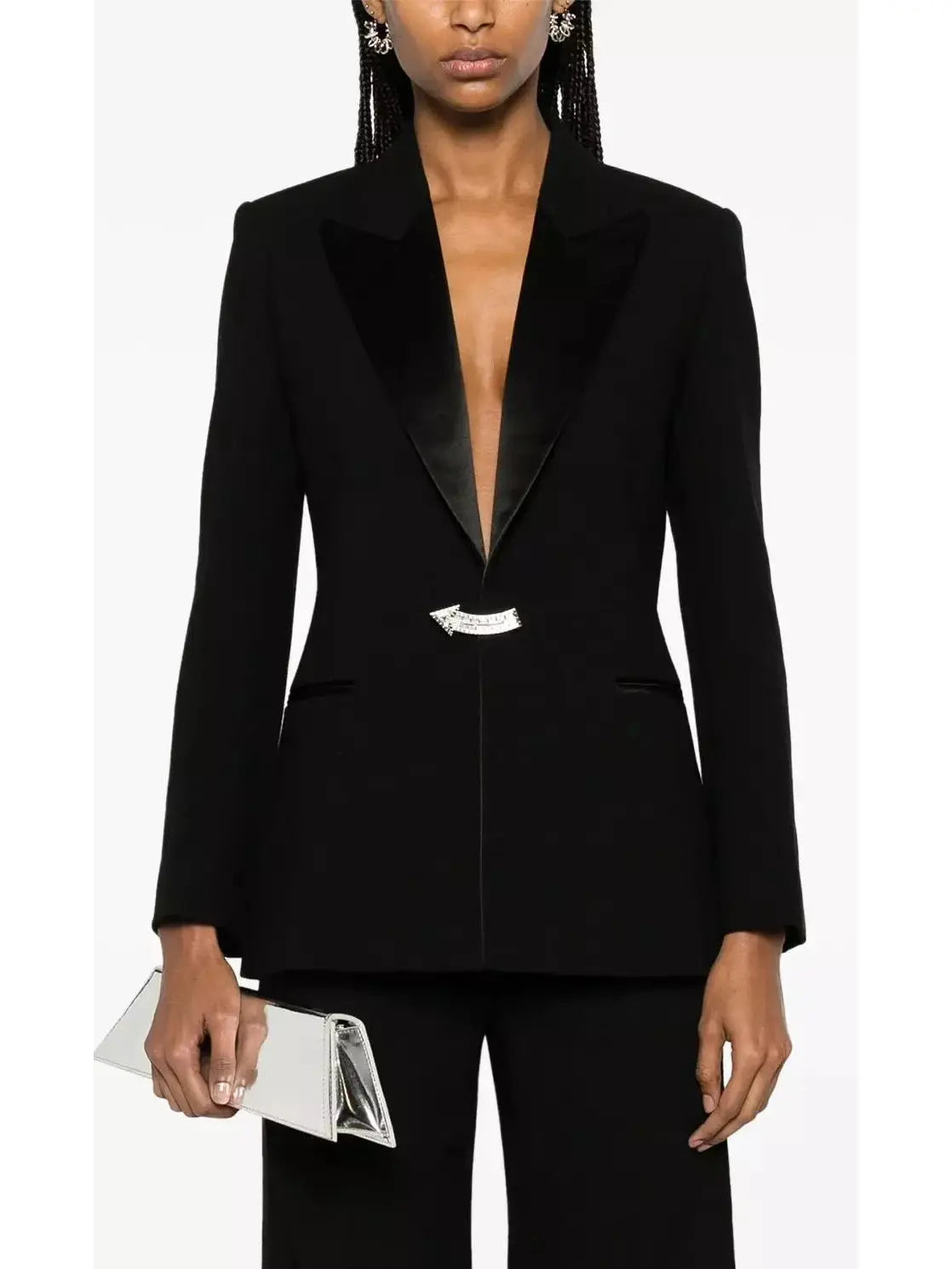 Brooch-Detail Embellished Black Tuxedo Jacket - Jackets