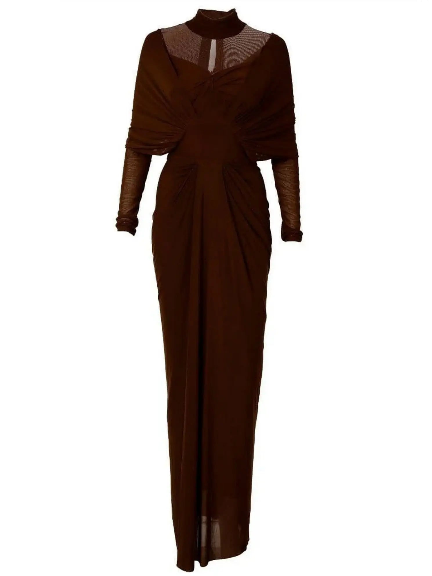 Brown Draped High-Neck Maxi Dress - Dresses