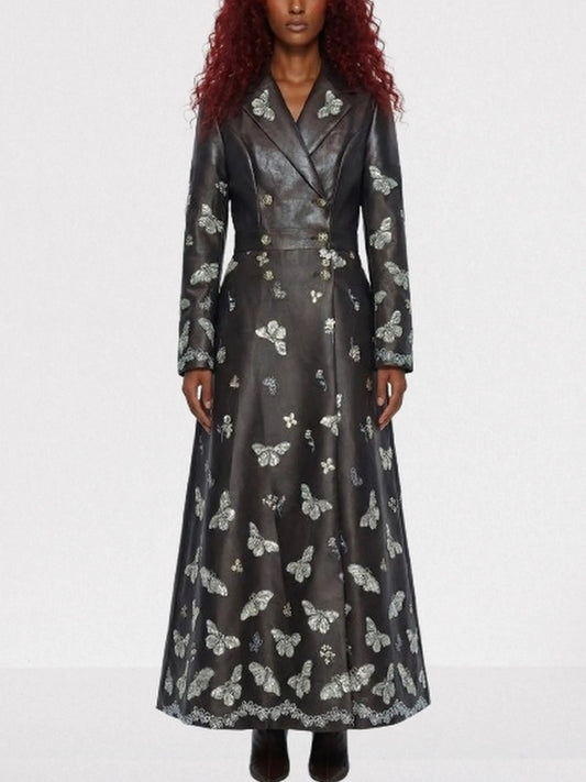 Brown Faux-Leather Butterfly Embroidered Long Coat - S - Coats