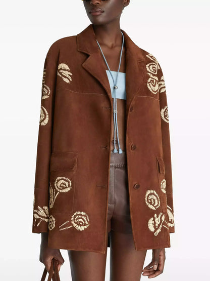 Brown Suede Embroidered Single-Breasted Jacket - Jackets