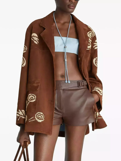 Brown Suede Embroidered Single-Breasted Jacket - Jackets