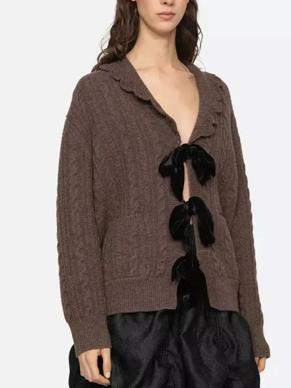 Brown Wool Cardigan with Velvet Bow Tie Closure - Sweaters & Knitwear
