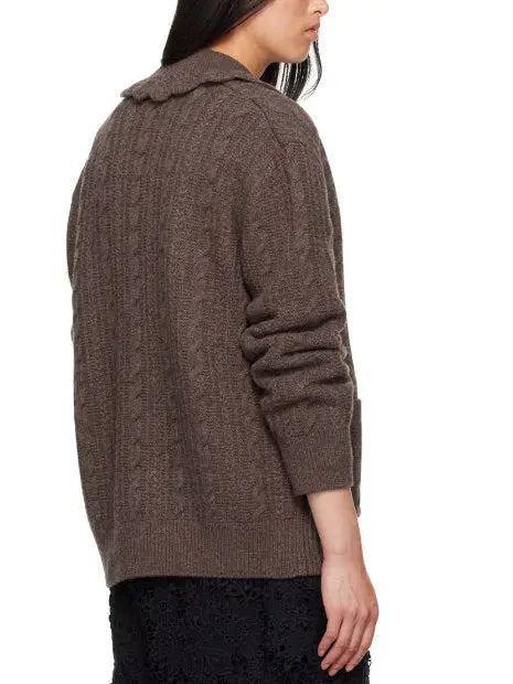 Brown Wool Cardigan with Velvet Bow Tie Closure - Sweaters & Knitwear