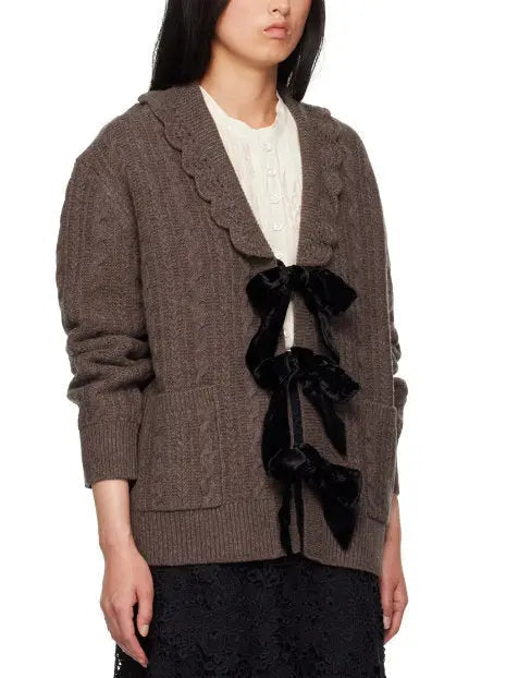 Brown Wool Cardigan with Velvet Bow Tie Closure - Sweaters & Knitwear