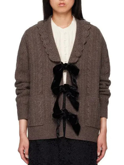 Brown Wool Cardigan with Velvet Bow Tie Closure - Sweaters & Knitwear