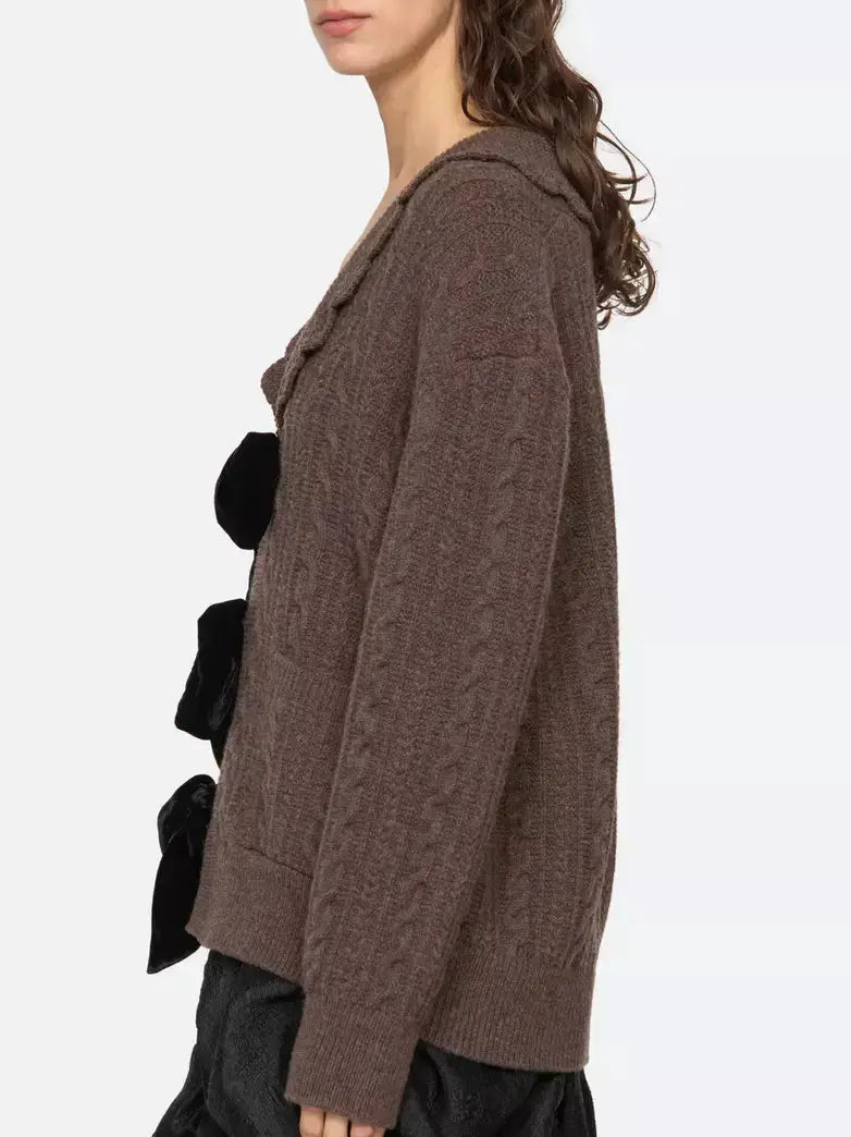 Brown Wool Cardigan with Velvet Bow Tie Closure - Sweaters & Knitwear