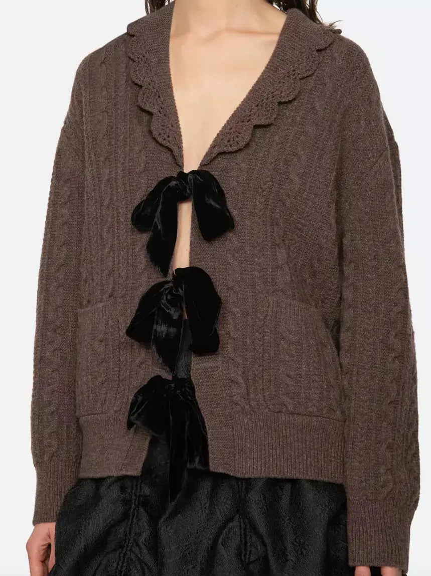 Brown Wool Cardigan with Velvet Bow Tie Closure - Sweaters & Knitwear