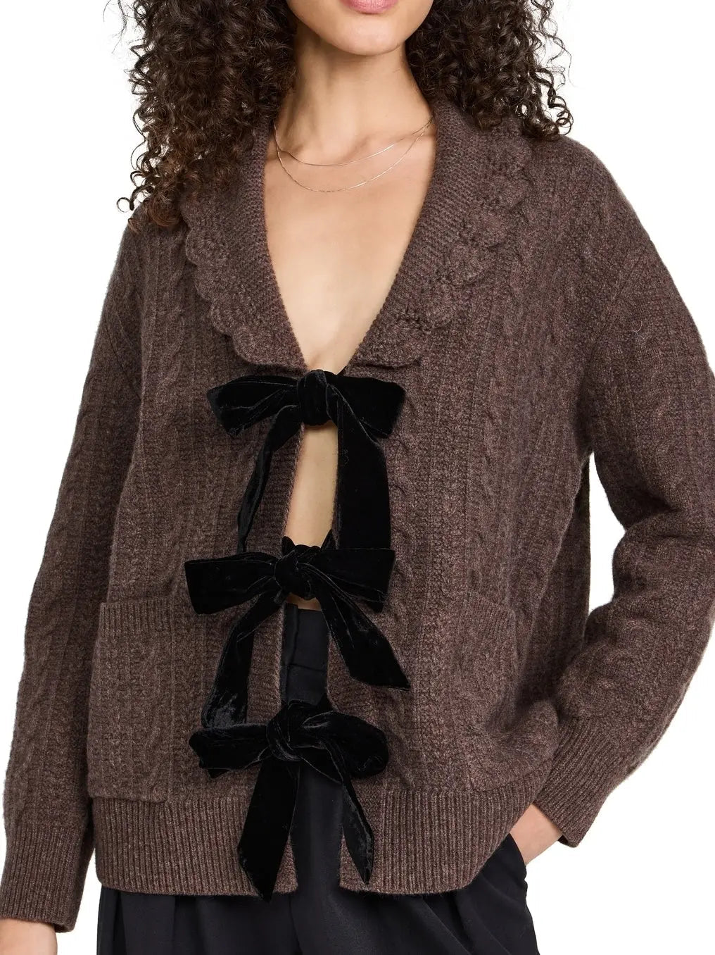 Brown Wool Cardigan with Velvet Bow Tie Closure - Sweaters & Knitwear