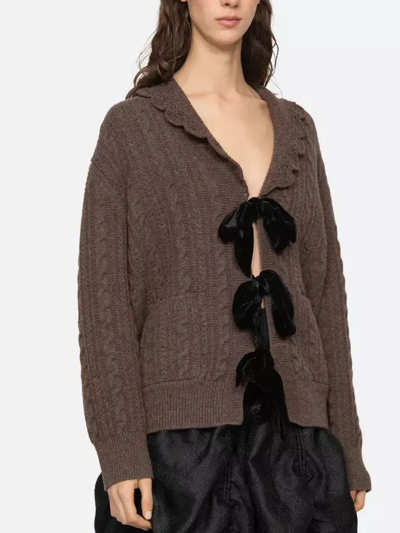 Brown Wool Cardigan with Velvet Bow Tie Closure - Sweaters & Knitwear