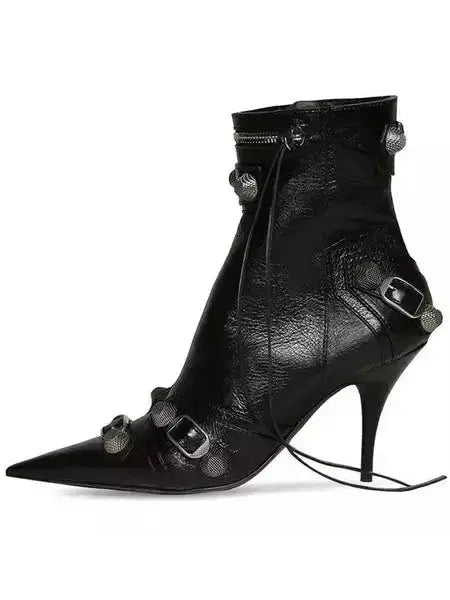 Buckle and Stud-Embellished Black High-Heel Boots - Footwear