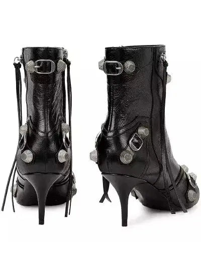 Buckle and Stud-Embellished Black High-Heel Boots - Footwear