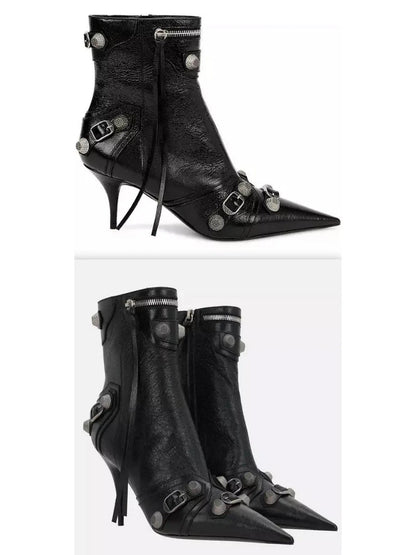 Buckle and Stud-Embellished Black High-Heel Boots - Footwear