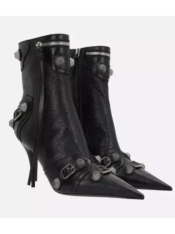 Buckle and Stud-Embellished Black High-Heel Boots - Footwear