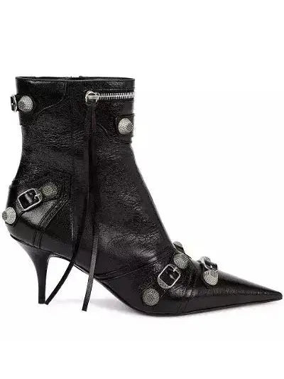 Buckle and Stud-Embellished Black High-Heel Boots - Footwear