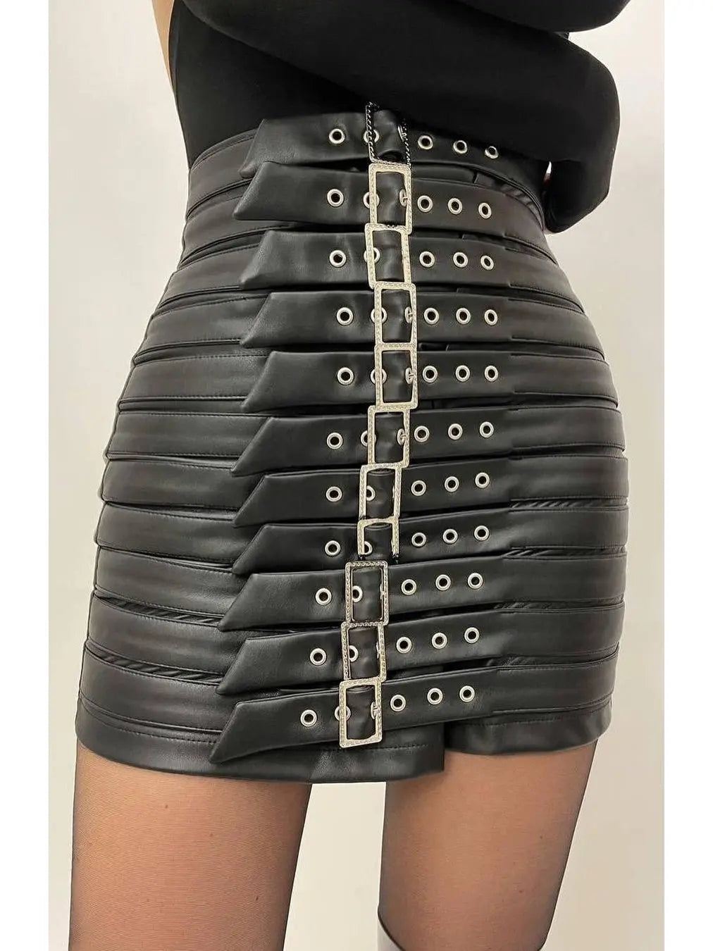 Buckle-Detail Leather Mini Skirt Black - Skirts