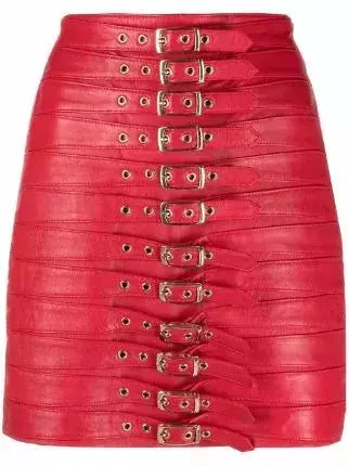 Buckle-Detail Leather Mini Skirt Red - Skirts