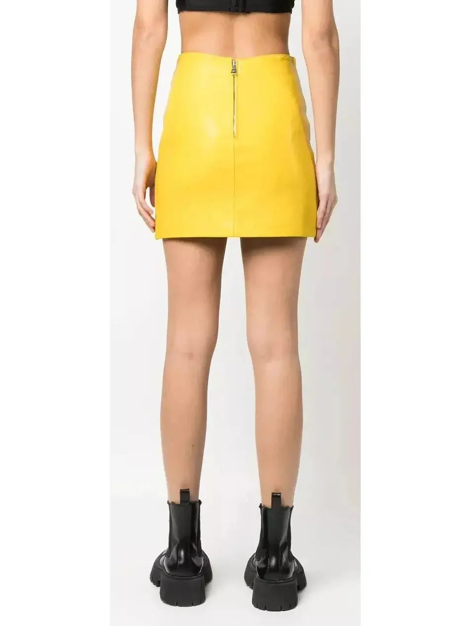 Buckle-Detail Leather Mini Skirt Yellow - Skirts