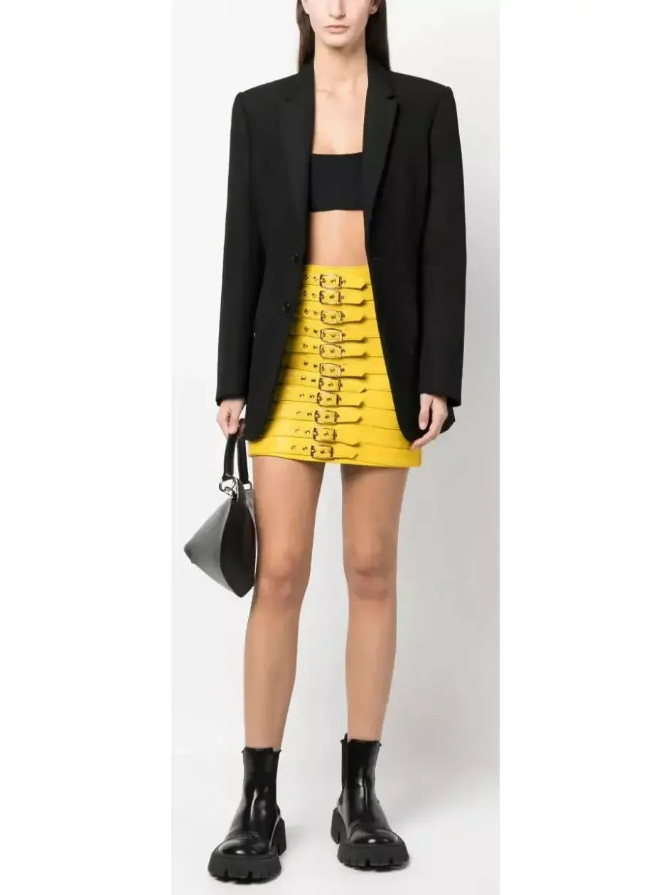 Buckle-Detail Leather Mini Skirt Yellow - Skirts