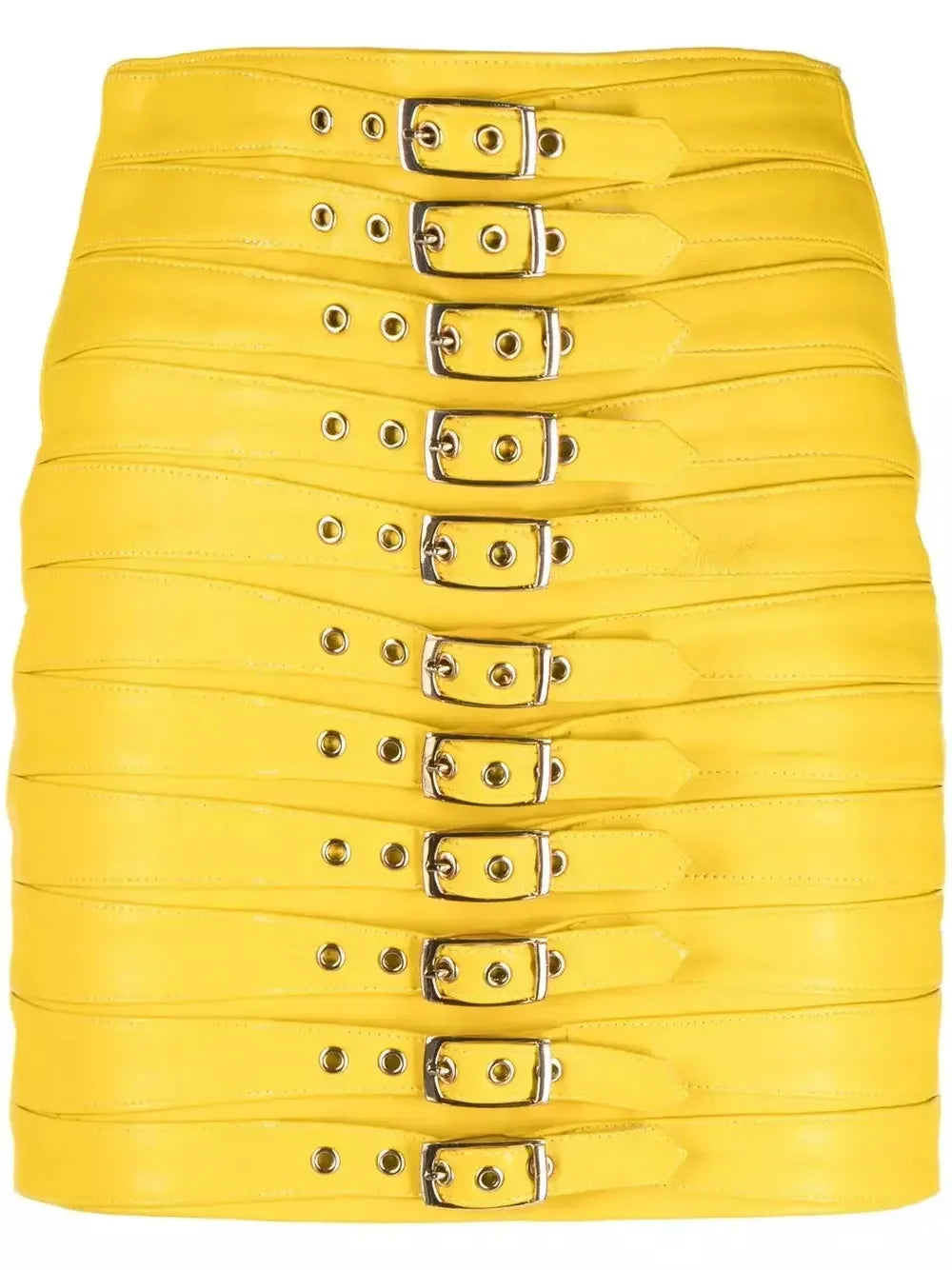 Buckle-Detail Leather Mini Skirt Yellow - Skirts