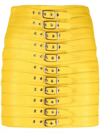Buckle-Detail Leather Mini Skirt Yellow - Skirts