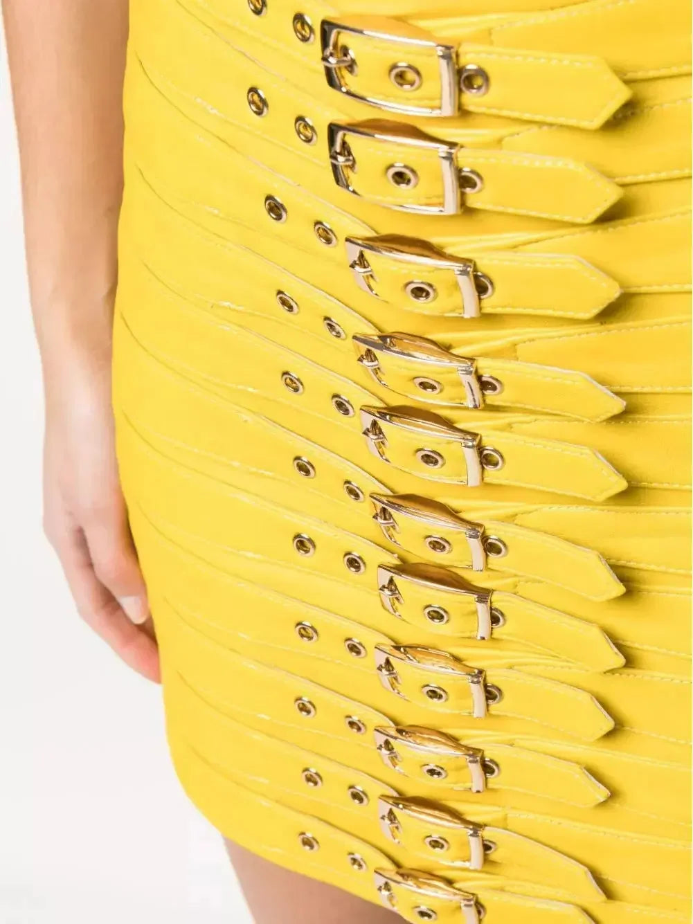 Buckle-Detail Leather Mini Skirt Yellow - Skirts