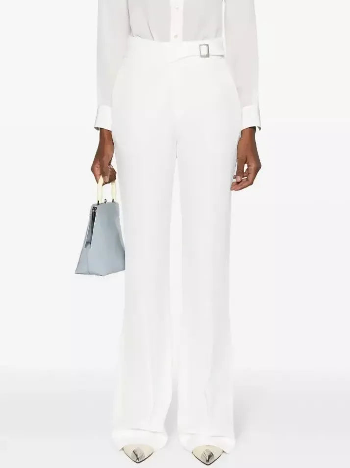 Buckle-Strap Tailored White Pants - L - Jeans & Pants