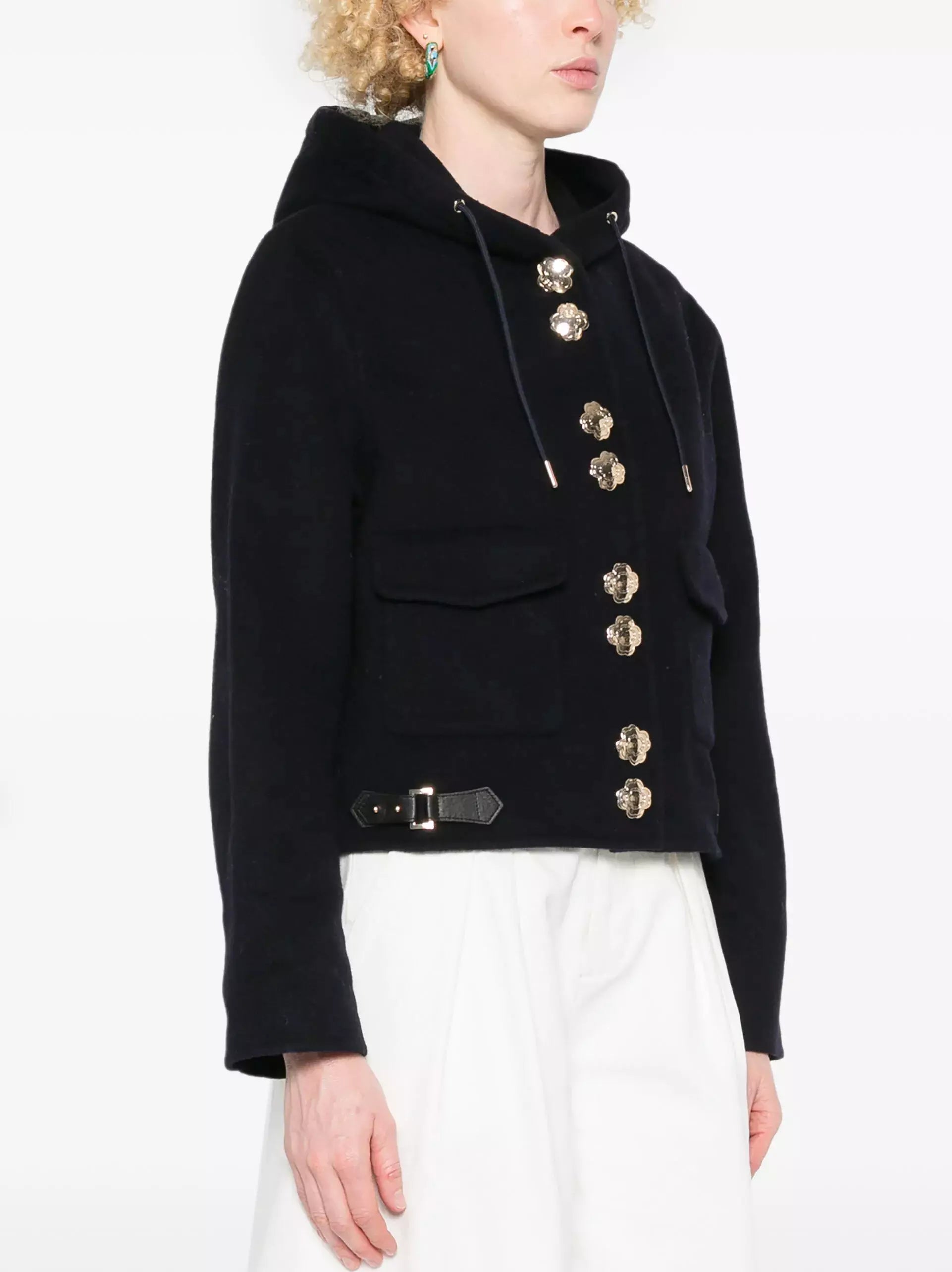 Buckled Cropped Hooded Jacket with Gold Buttons - Jackets