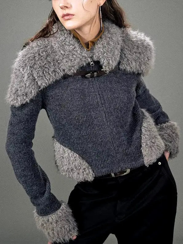 Buckled Faux-Fur Patch Knit Cardigan - Sweaters & Knitwear