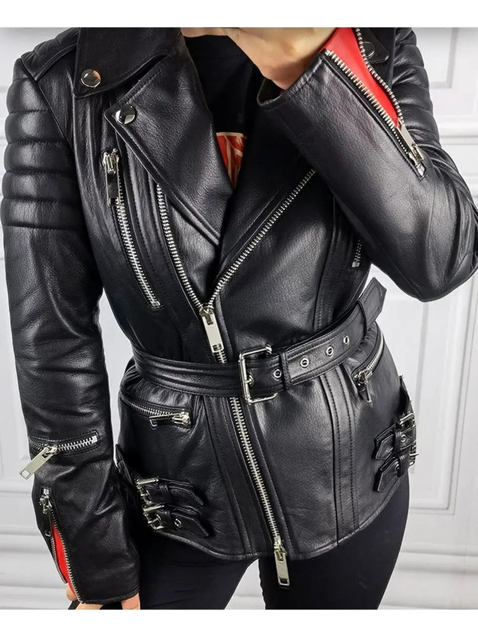 Buckled Leather Biker Jacket - Jackets