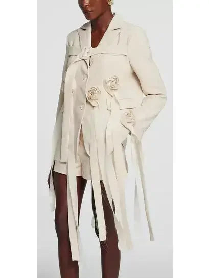 Buckled Tassel Blazer with Rose Appliques - Jackets