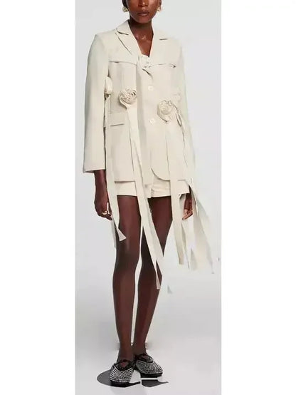 Buckled Tassel Blazer with Rose Appliques - Jackets