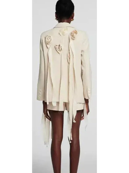 Buckled Tassel Blazer with Rose Appliques - Jackets