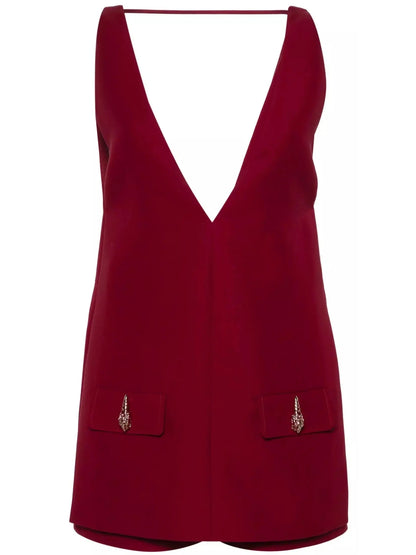 Burgundy Red V-Neck Short Twill Jumpsuit - Suits & Sets