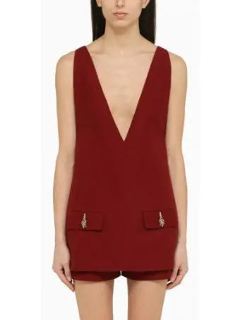 Burgundy Red V-Neck Short Twill Jumpsuit - Suits & Sets