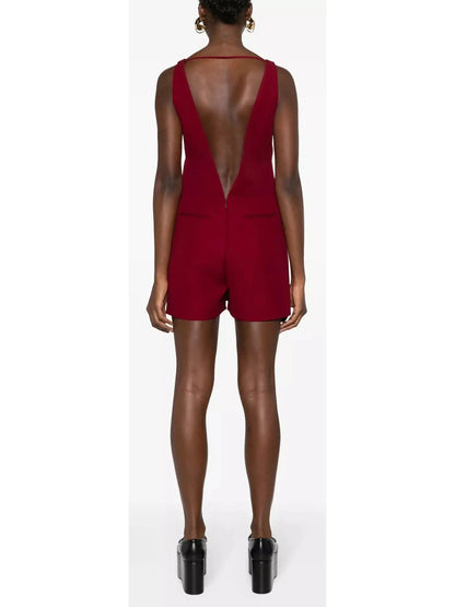 Burgundy Red V-Neck Short Twill Jumpsuit - Suits & Sets