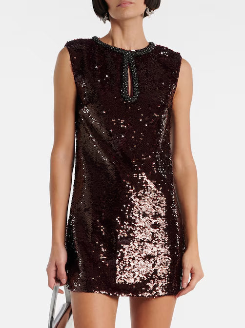 Burgundy sequined mini dress with beaded neckline and stylish keyhole detail