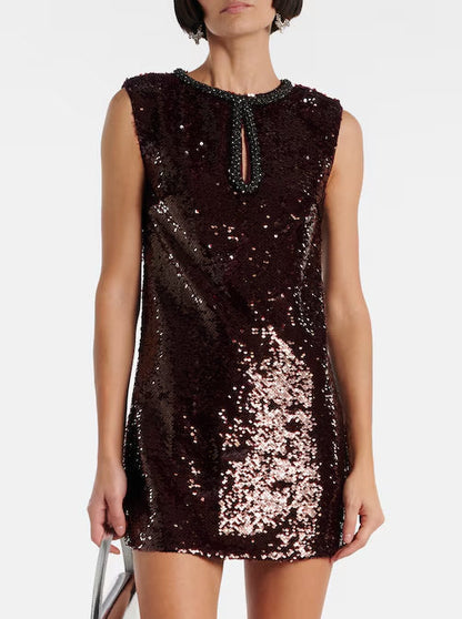 Burgundy sequined mini dress with beaded neckline and stylish keyhole detail